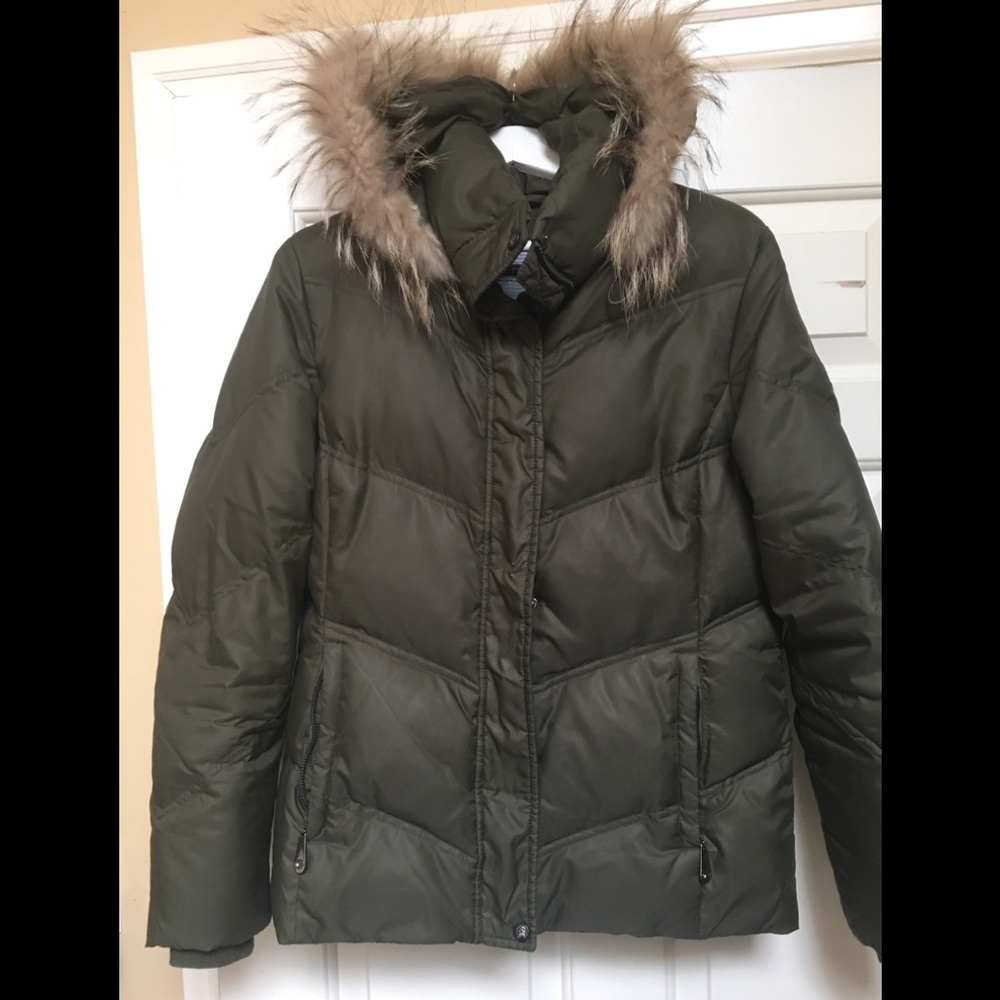 Olive Green Down Puffer Coat with Fur Size Small